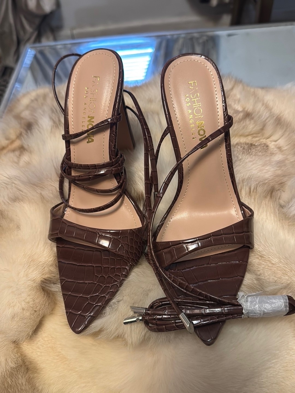 Fashion Nova Brown Croc-Embossed Strappy Pointed-Toe Heels